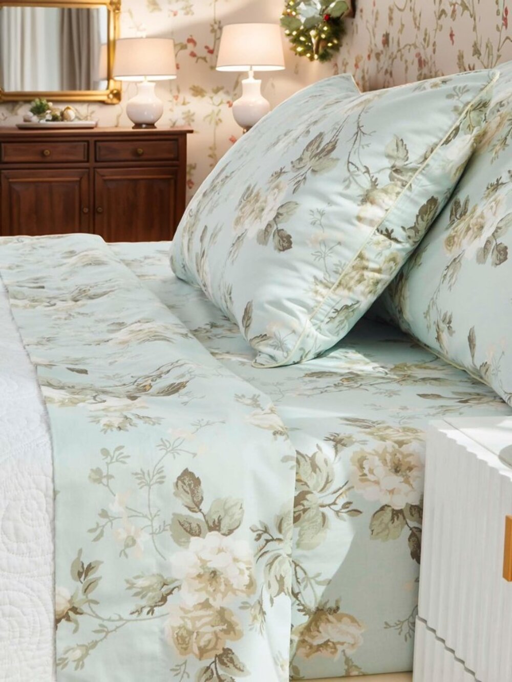 French Country Garden Toile Floral Print Bed Sheet Set Luxury Bedding